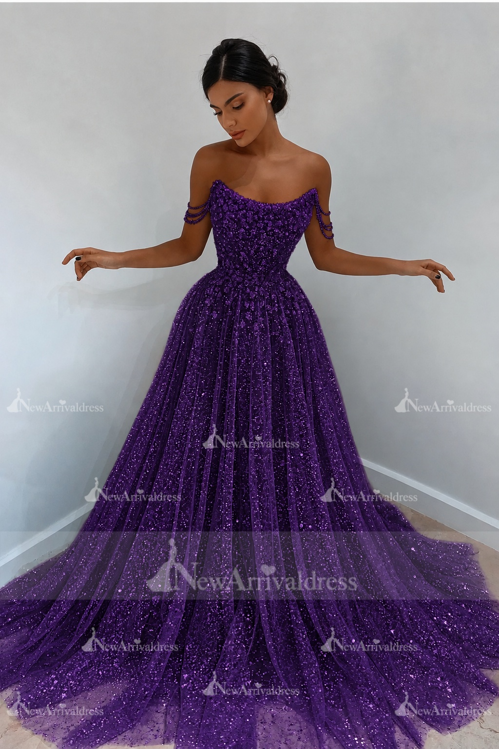 Beautiful Long A-line Sweetheart Sequined Prom Dress Off Shoulder Sky Blue Long Evening Dress