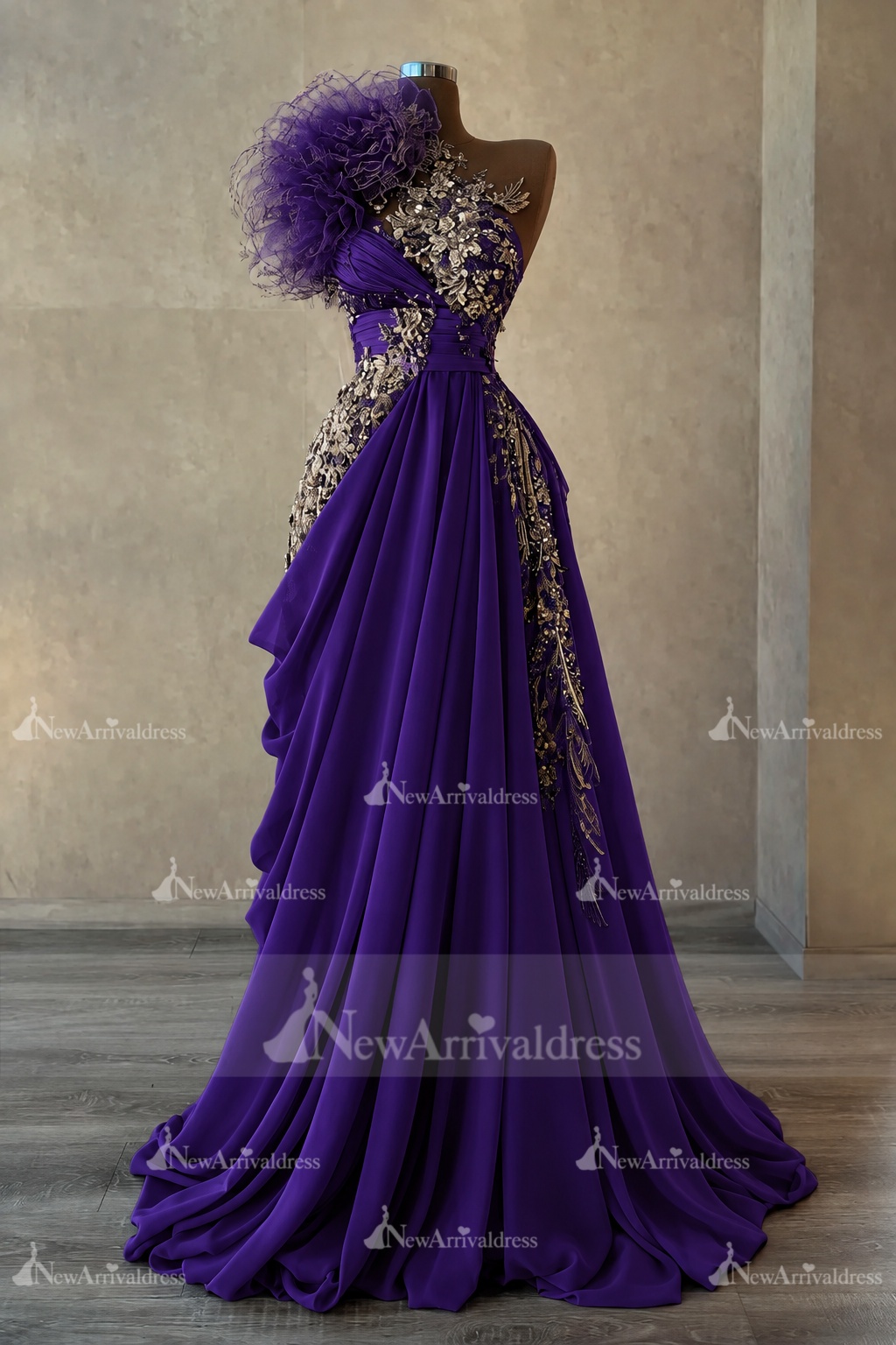 Stunning One Shoulder Flowers Ruched Satin Evening Dress Appliques Aline Party Dress