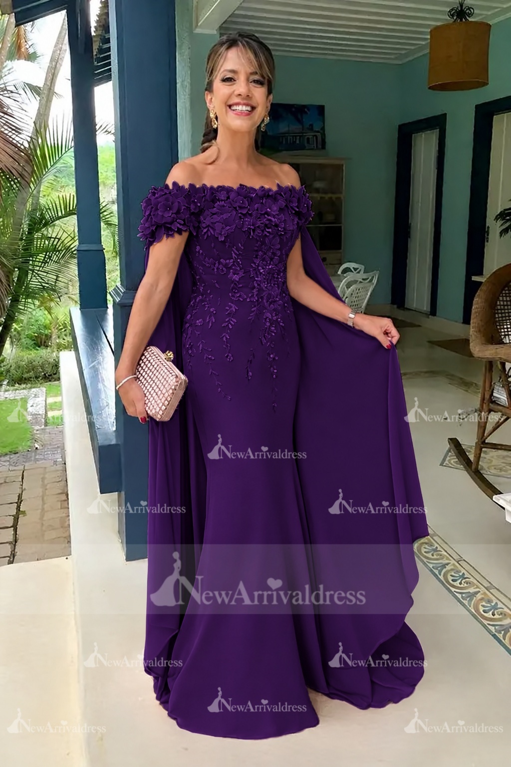Off-the-Shoulder Pink Chiffon Flowers Long Mother of the Bride Dress with Cape