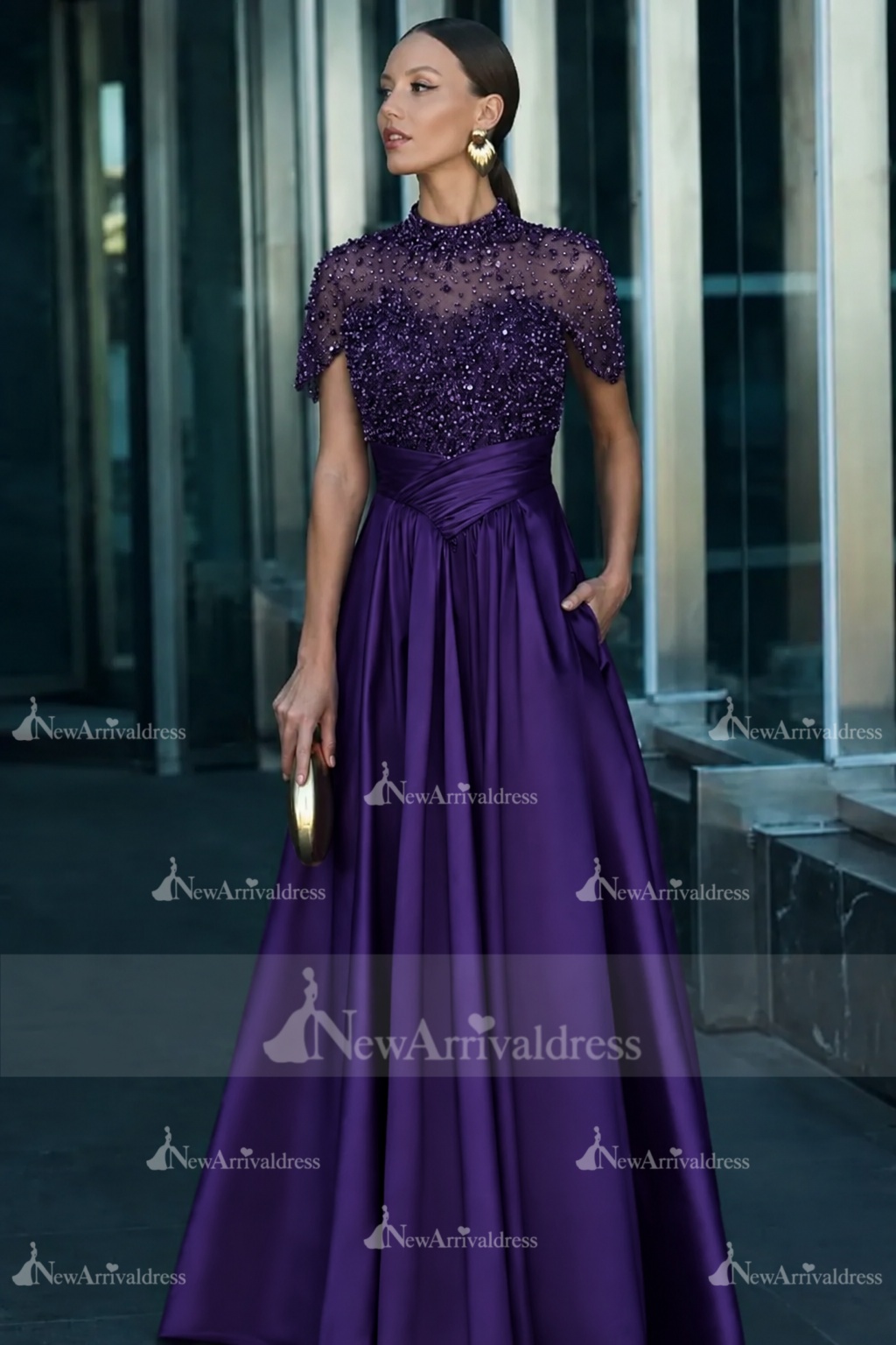 Dark Green Short Sleeves  Satin A-line Evening Dress with Beadings