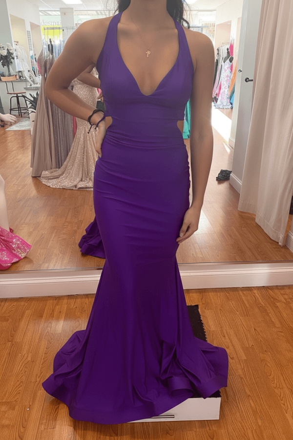 Modest Mermaid Halter V-neck Satin Open Back Prom Dress
