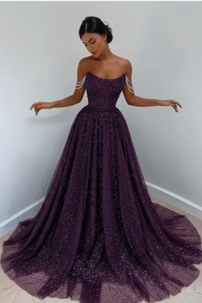 Beautiful Long A-line Sweetheart Sequined Prom Dress Off Shoulder Sky Blue Long Evening Dress