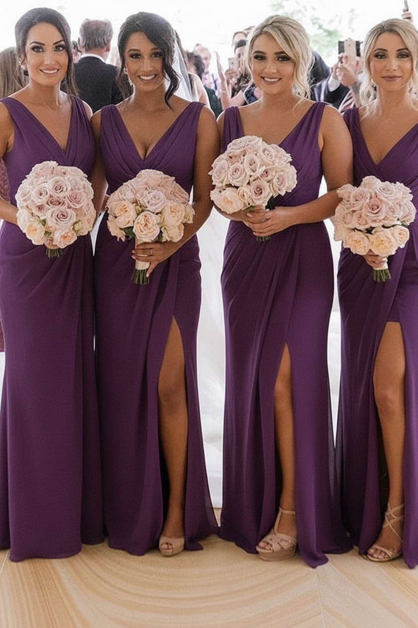 Elegant Chiffon Long Bridesmaid Dress Sleeveless Side Slit Wedding Guest Dress
