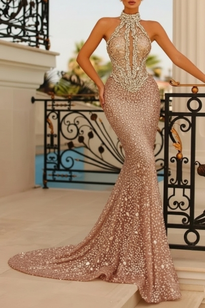 Champagne Halter Long Mermaid Prom Party Dress with Glitter Beadings