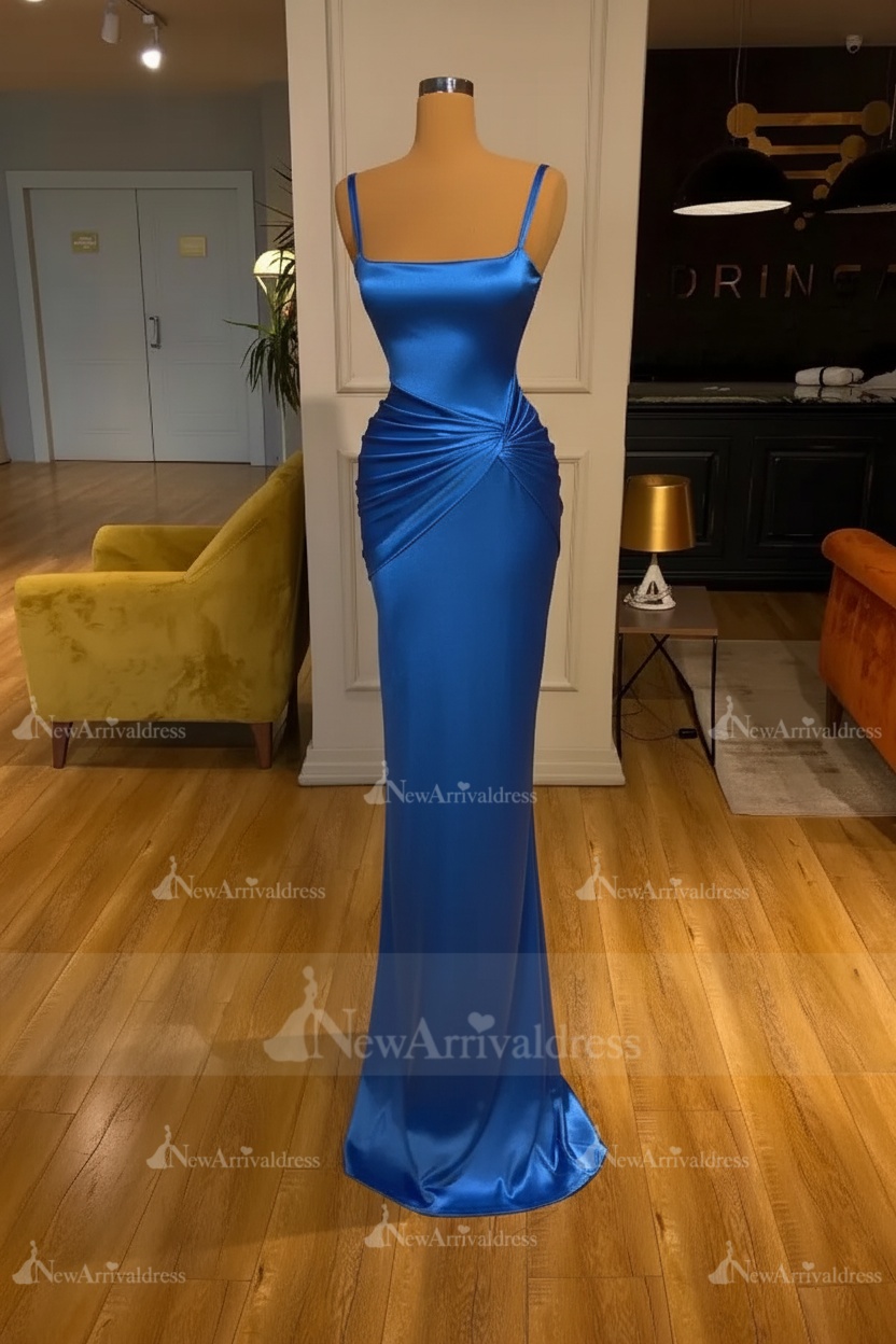 Chic Sky Blue Square Neck Slim Evening Party Wear Dress Sleeveless Satin Prom Dress