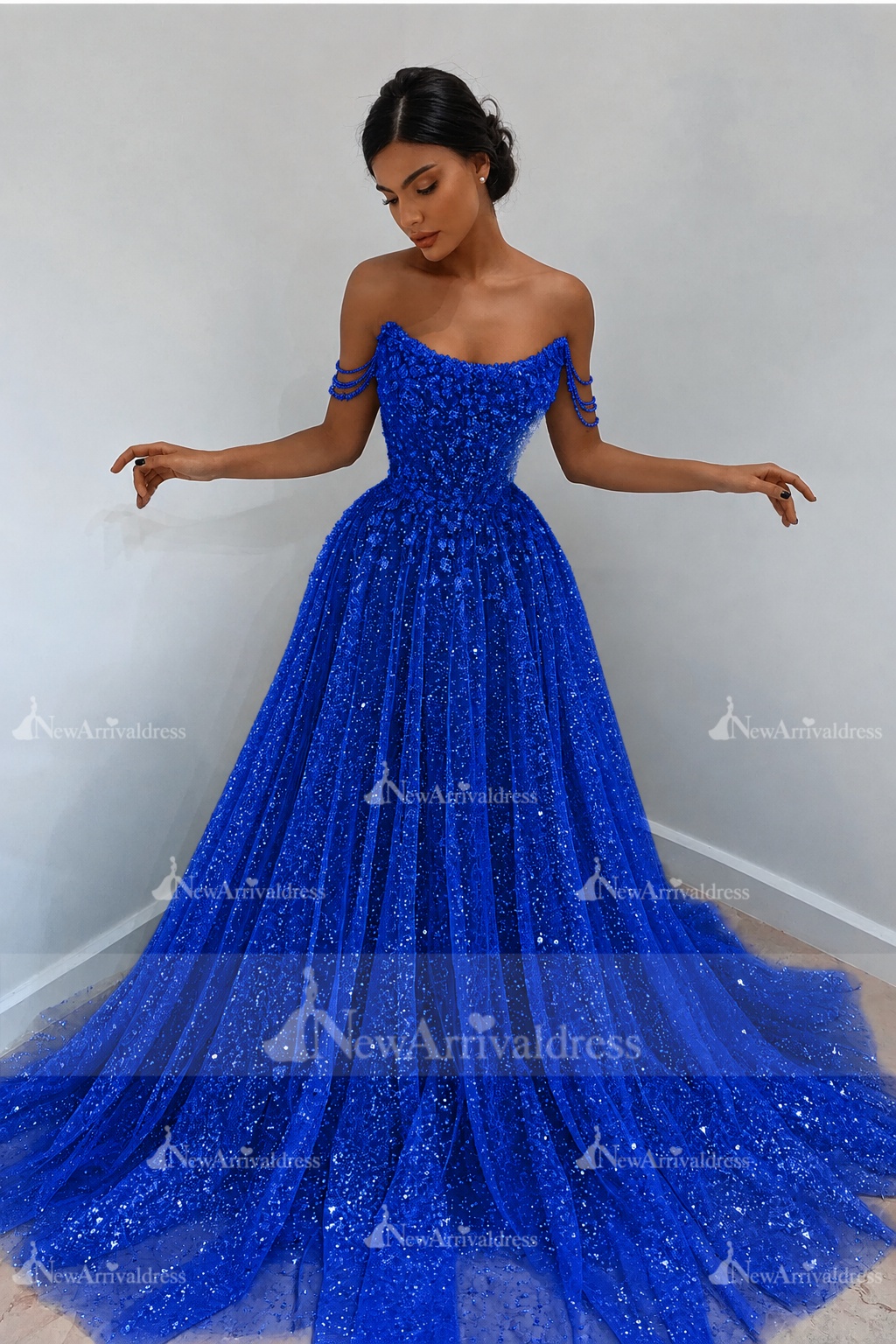 Beautiful Long A-line Sweetheart Sequined Prom Dress Off Shoulder Sky Blue Long Evening Dress
