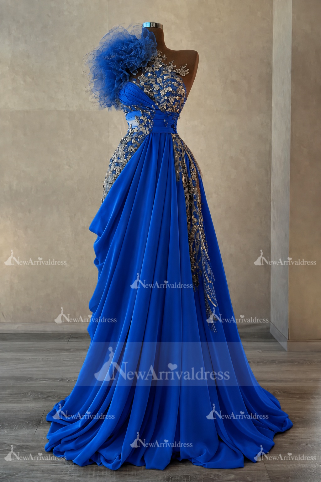 Stunning One Shoulder Flowers Ruched Satin Evening Dress Appliques Aline Party Dress
