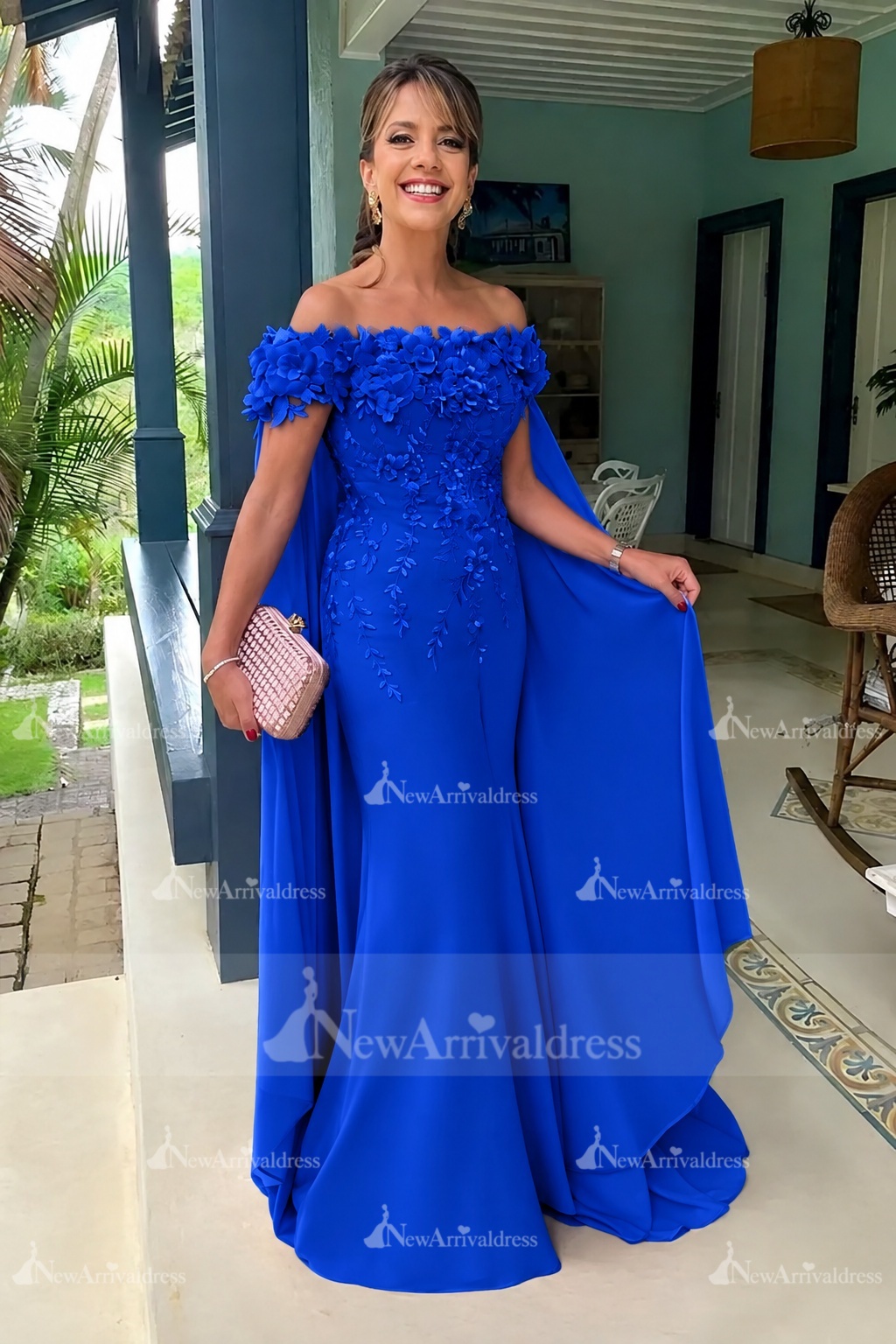 Off-the-Shoulder Pink Chiffon Flowers Long Mother of the Bride Dress with Cape