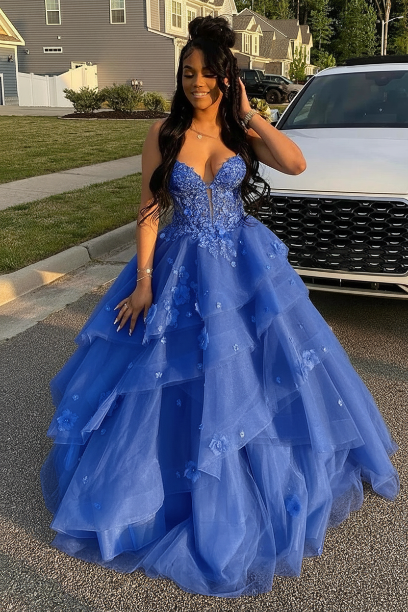 Royal Blue Spaghetti Straps Tulle Aline Prom Dress Floral Tiered Ruffles Corset Formal Dress