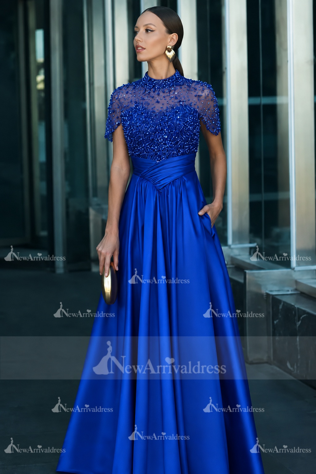 Dark Green Short Sleeves  Satin A-line Evening Dress with Beadings