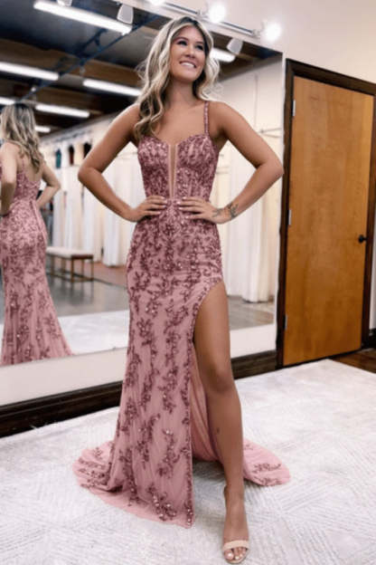 Royal Blue Long Prom Dress with Sequin Applique and High Slit