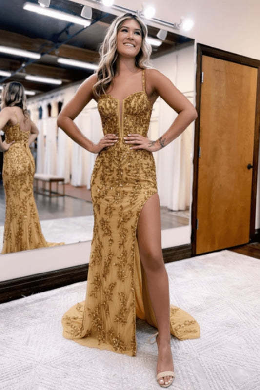 Royal Blue Long Prom Dress with Sequin Applique and High Slit