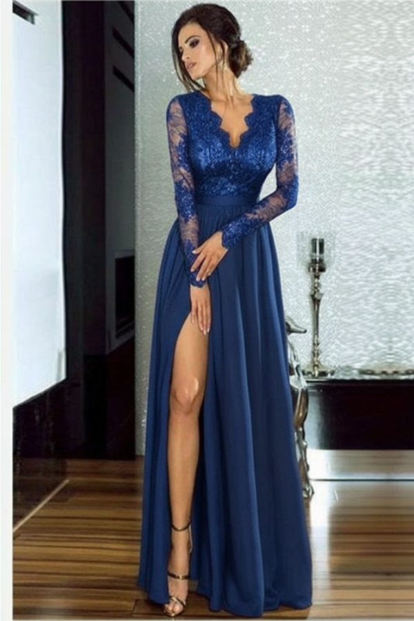 Sexy Slit Long Sleeve Formal Dress Online | Black Lace V-neck Prom Dresses FB0191