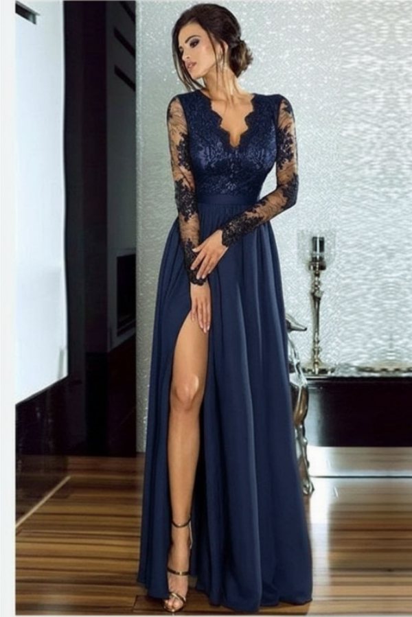 Sexy Slit Long Sleeve Formal Dress Online | Black Lace V-neck Prom Dresses FB0191