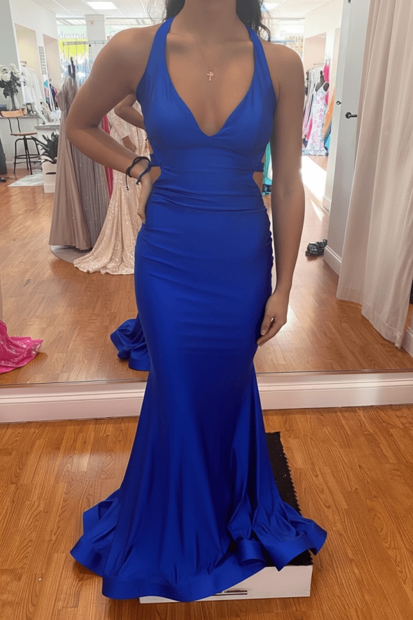 Modest Mermaid Halter V-neck Satin Open Back Prom Dress