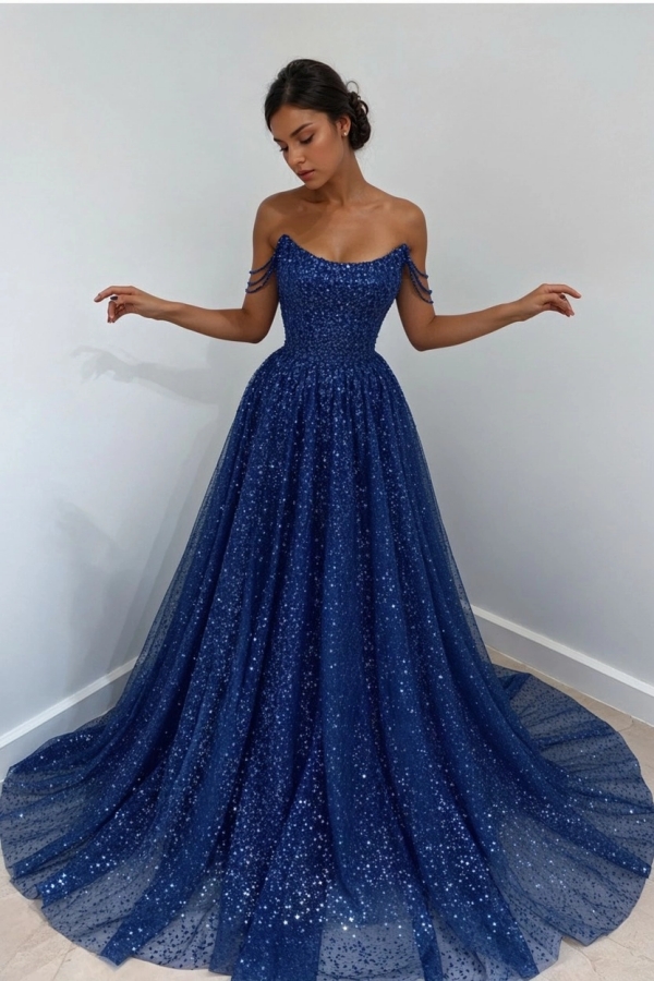 Beautiful Long A-line Sweetheart Sequined Prom Dress Off Shoulder Sky Blue Long Evening Dress
