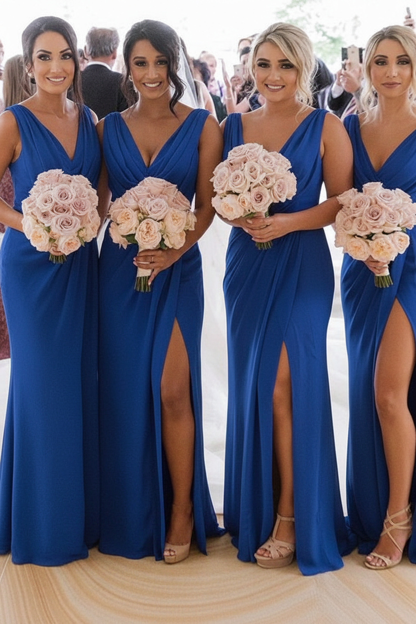 Elegant Chiffon Long Bridesmaid Dress Sleeveless Side Slit Wedding Guest Dress
