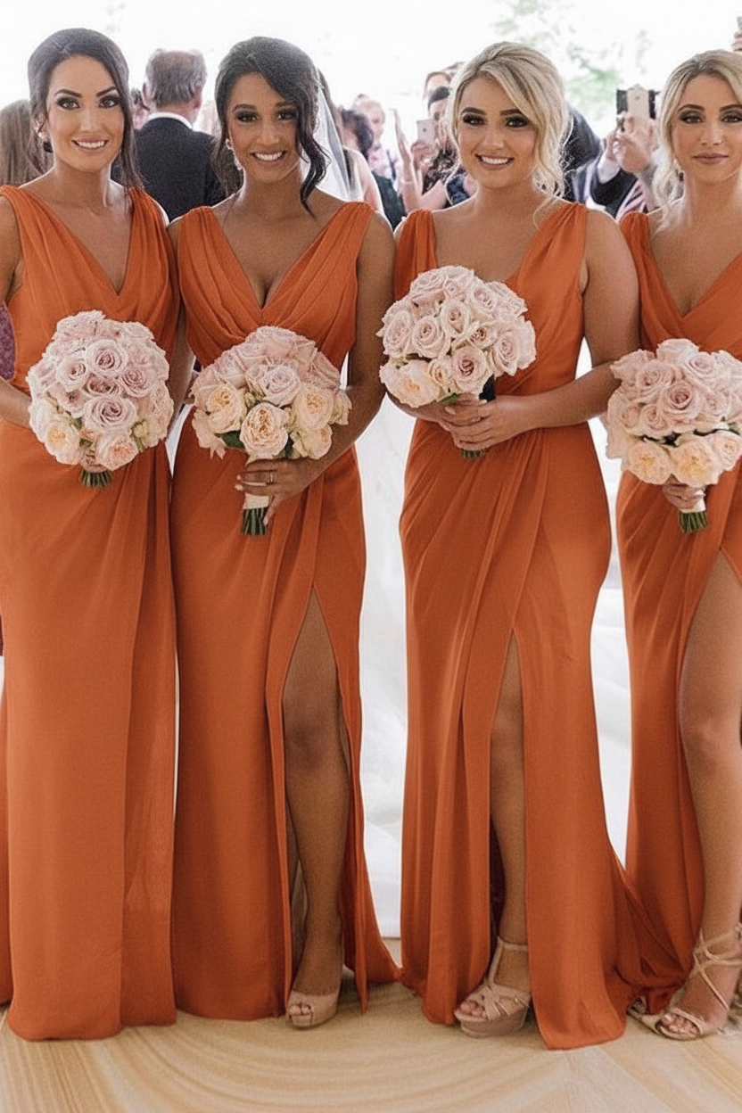 Elegant Chiffon Long Bridesmaid Dress Sleeveless Side Slit Wedding Guest Dress