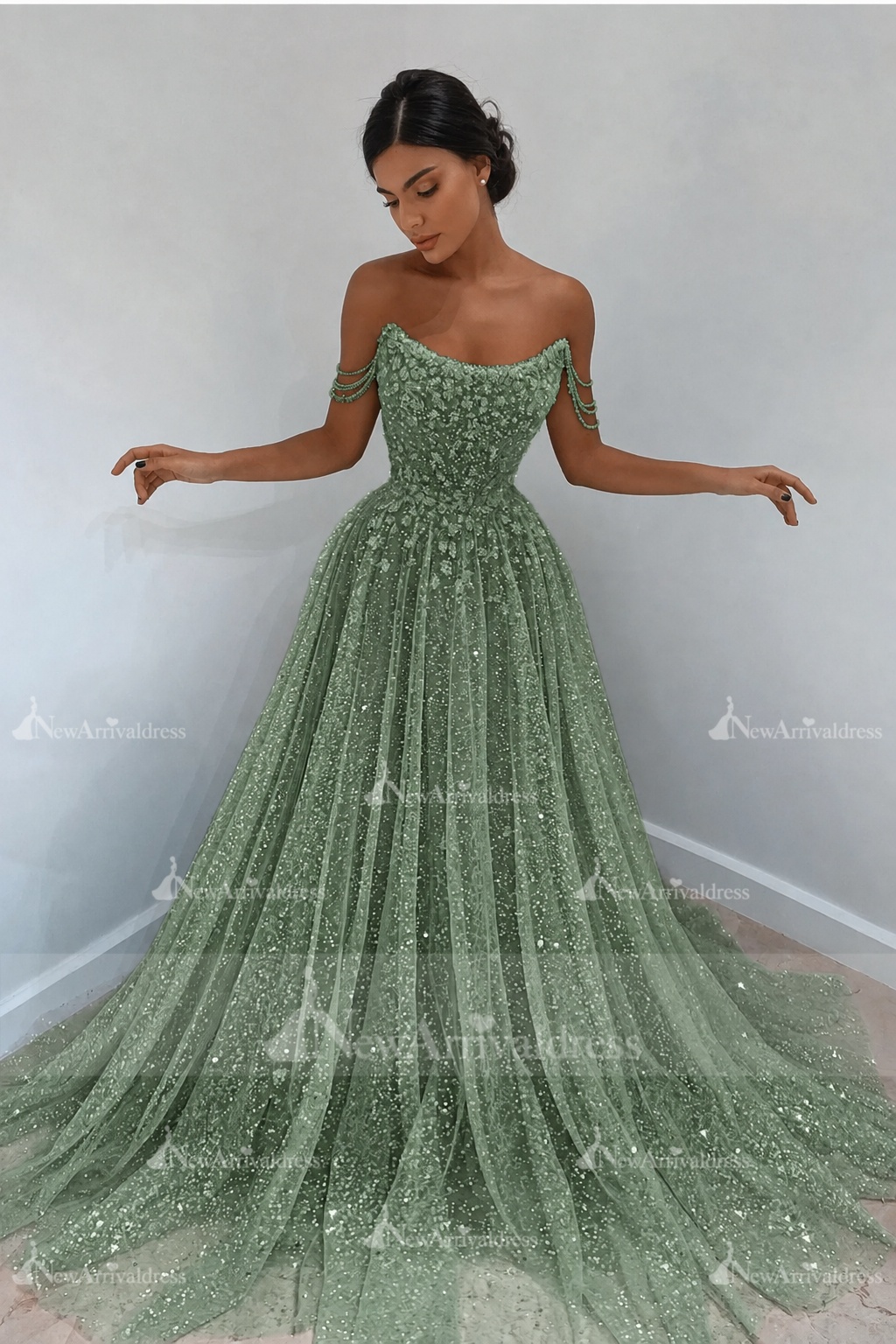 Beautiful Long A-line Sweetheart Sequined Prom Dress Off Shoulder Sky Blue Long Evening Dress