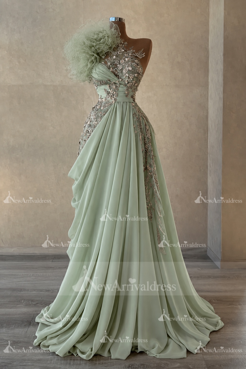 Stunning One Shoulder Flowers Ruched Satin Evening Dress Appliques Aline Party Dress