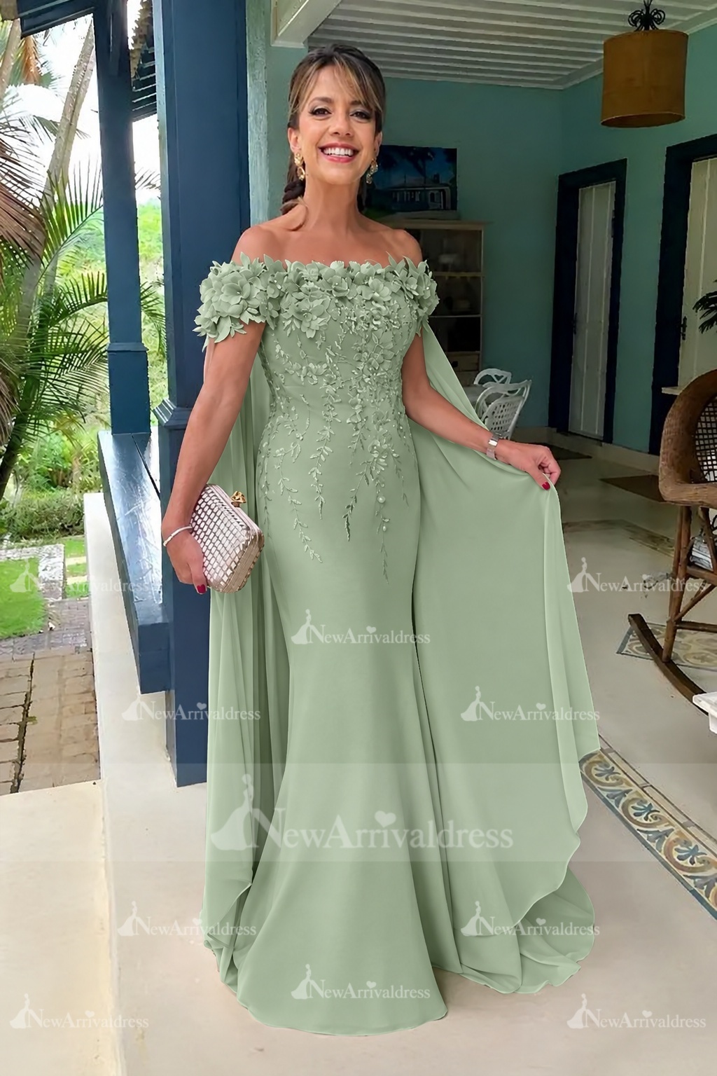 Off-the-Shoulder Pink Chiffon Flowers Long Mother of the Bride Dress with Cape