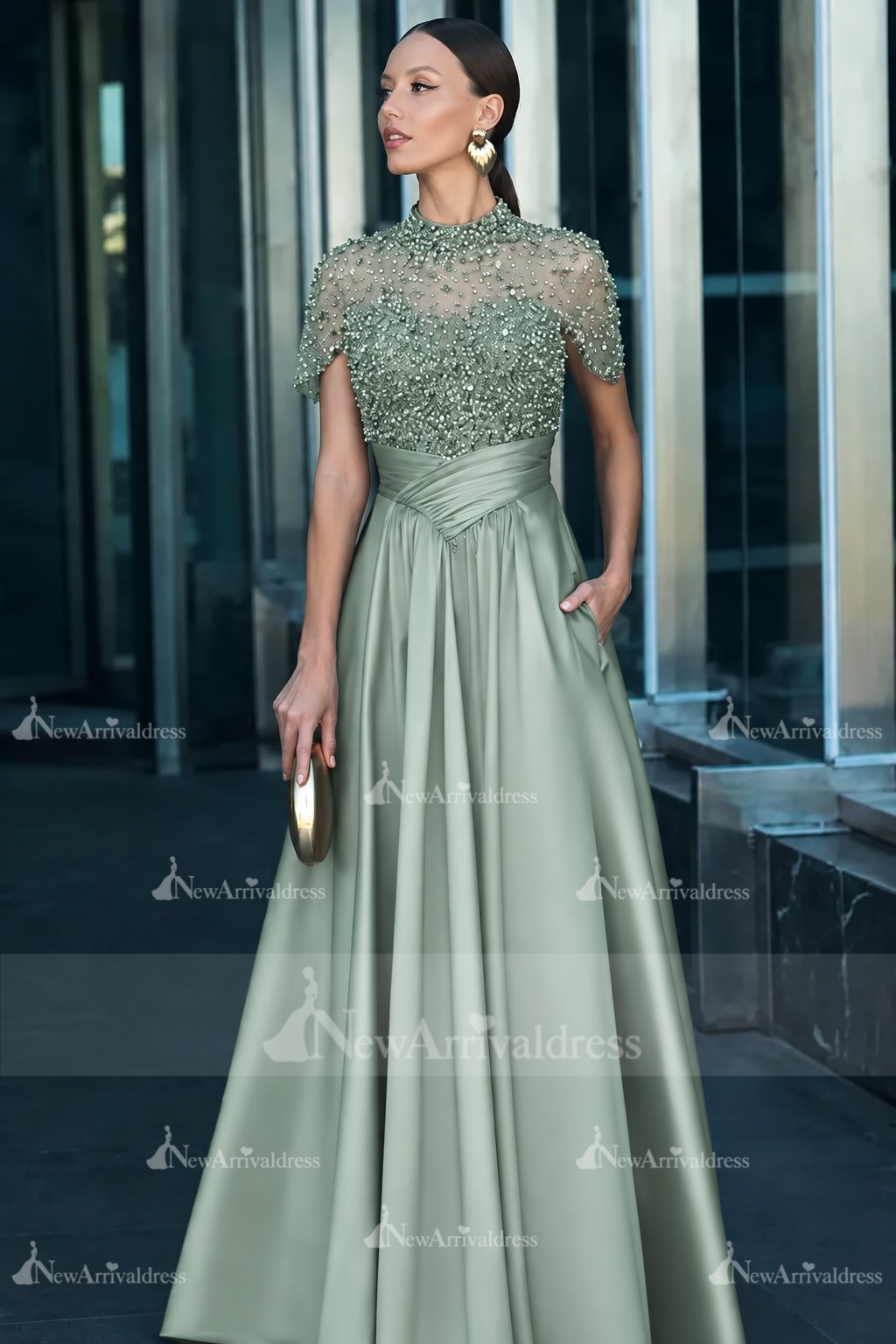 Dark Green Short Sleeves  Satin A-line Evening Dress with Beadings