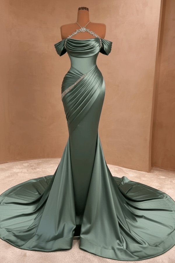 Charming Off-the-Shoulder Ruched Satin Long Prom Dress Glitter Sequins Sheath Evening Gown