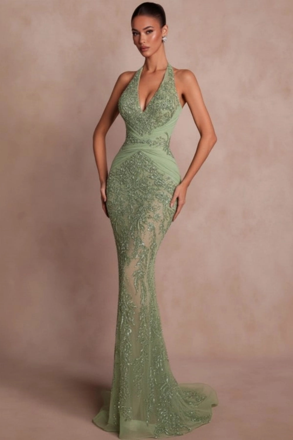 Halter Dark Green Mermaid Prom Dress Glitter Sequins Evening Gown with Lace Appliques