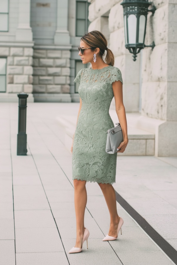 Lace Blushing Pink Formal Dresses | Knee Length Wedding Party Dress Online