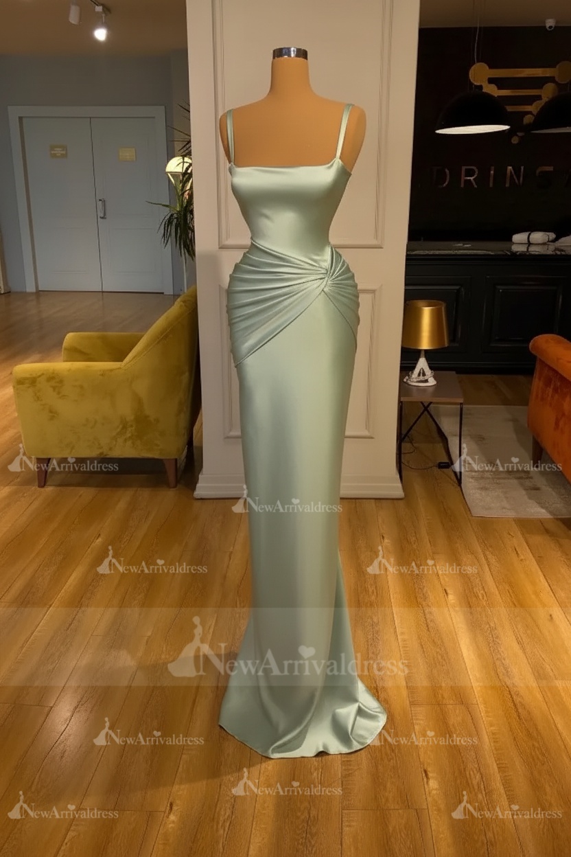 Chic Sky Blue Square Neck Slim Evening Party Wear Dress Sleeveless Satin Prom Dress