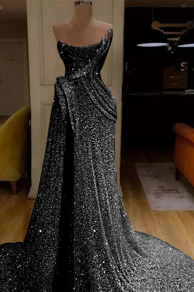 Strapless Sleeveless Sequins Ruched Mermaid Evening Gowns with High Split