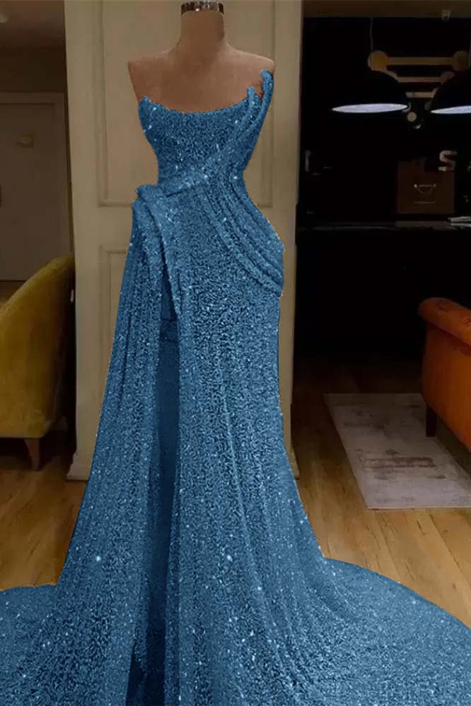 Strapless Sleeveless Sequins Ruched Mermaid Evening Gowns with High Split