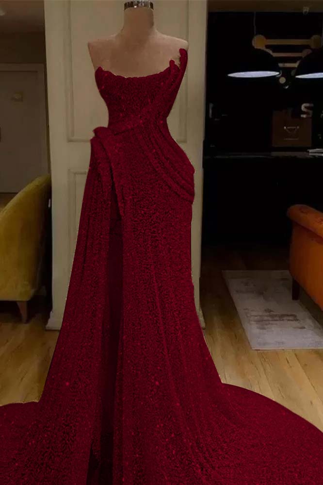 Strapless Sleeveless Sequins Ruched Mermaid Evening Gowns with High Split