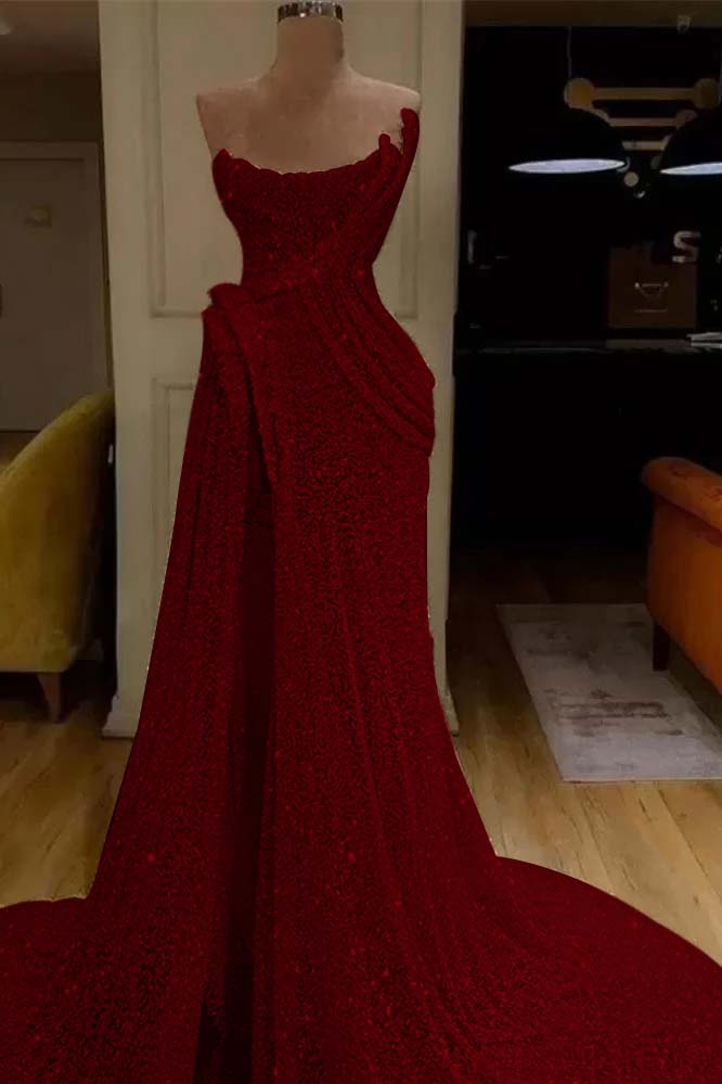 Strapless Sleeveless Sequins Ruched Mermaid Evening Gowns with High Split