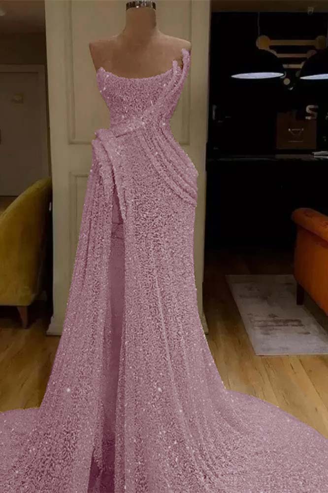Strapless Sleeveless Sequins Ruched Mermaid Evening Gowns with High Split