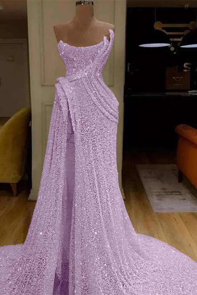 Strapless Sleeveless Sequins Ruched Mermaid Evening Gowns with High Split