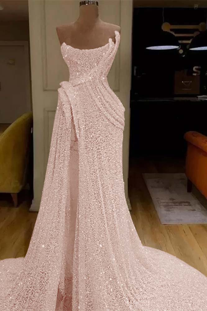 Strapless Sleeveless Sequins Ruched Mermaid Evening Gowns with High Split