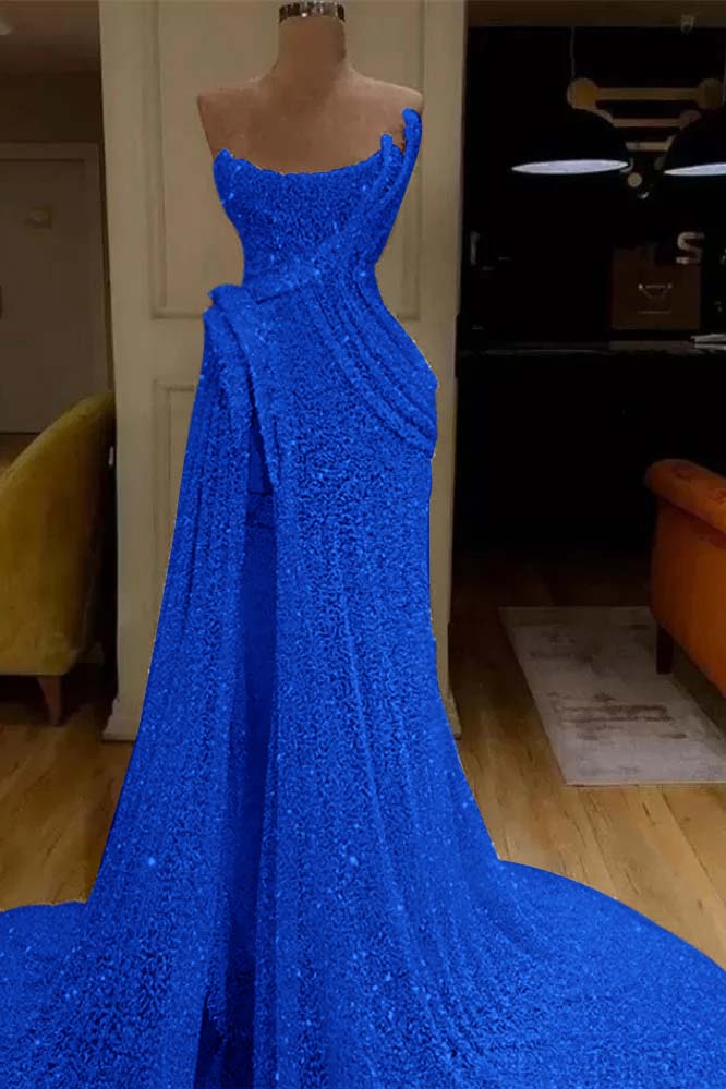 Strapless Sleeveless Sequins Ruched Mermaid Evening Gowns with High Split