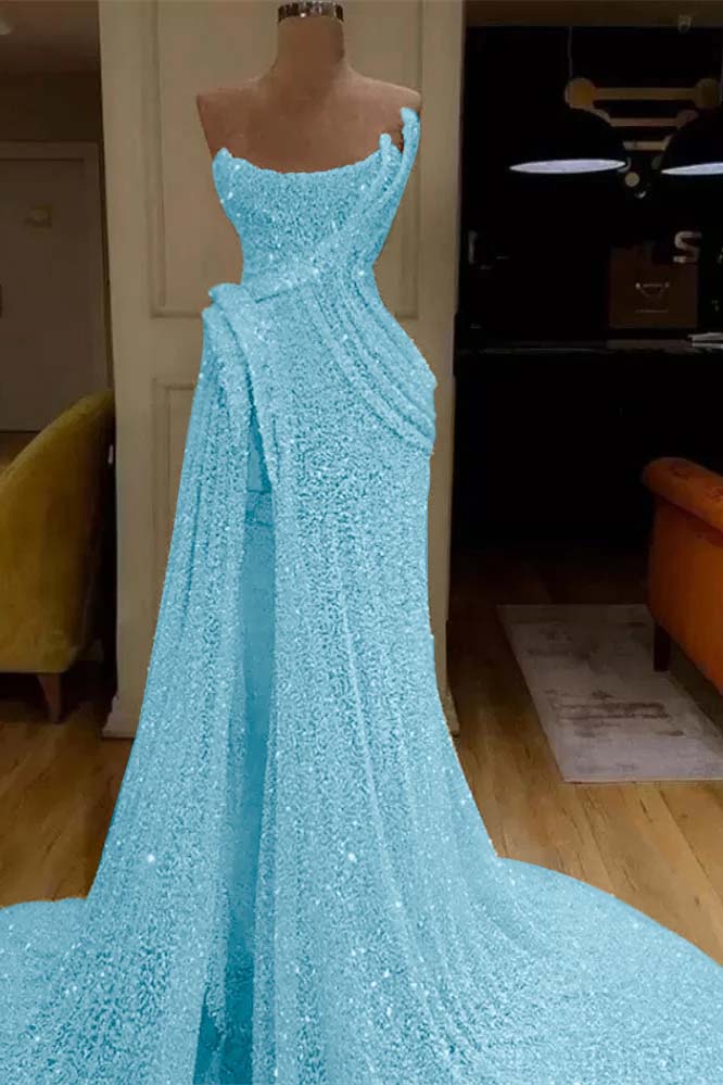 Strapless Sleeveless Sequins Ruched Mermaid Evening Gowns with High Split