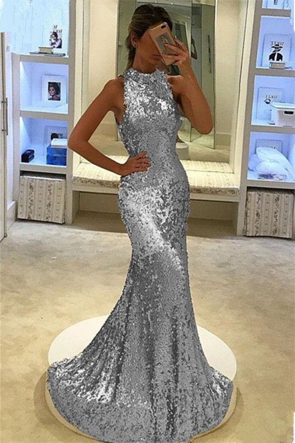 Sequins Elegant Mermaid Sleeveless Long Prom Dress