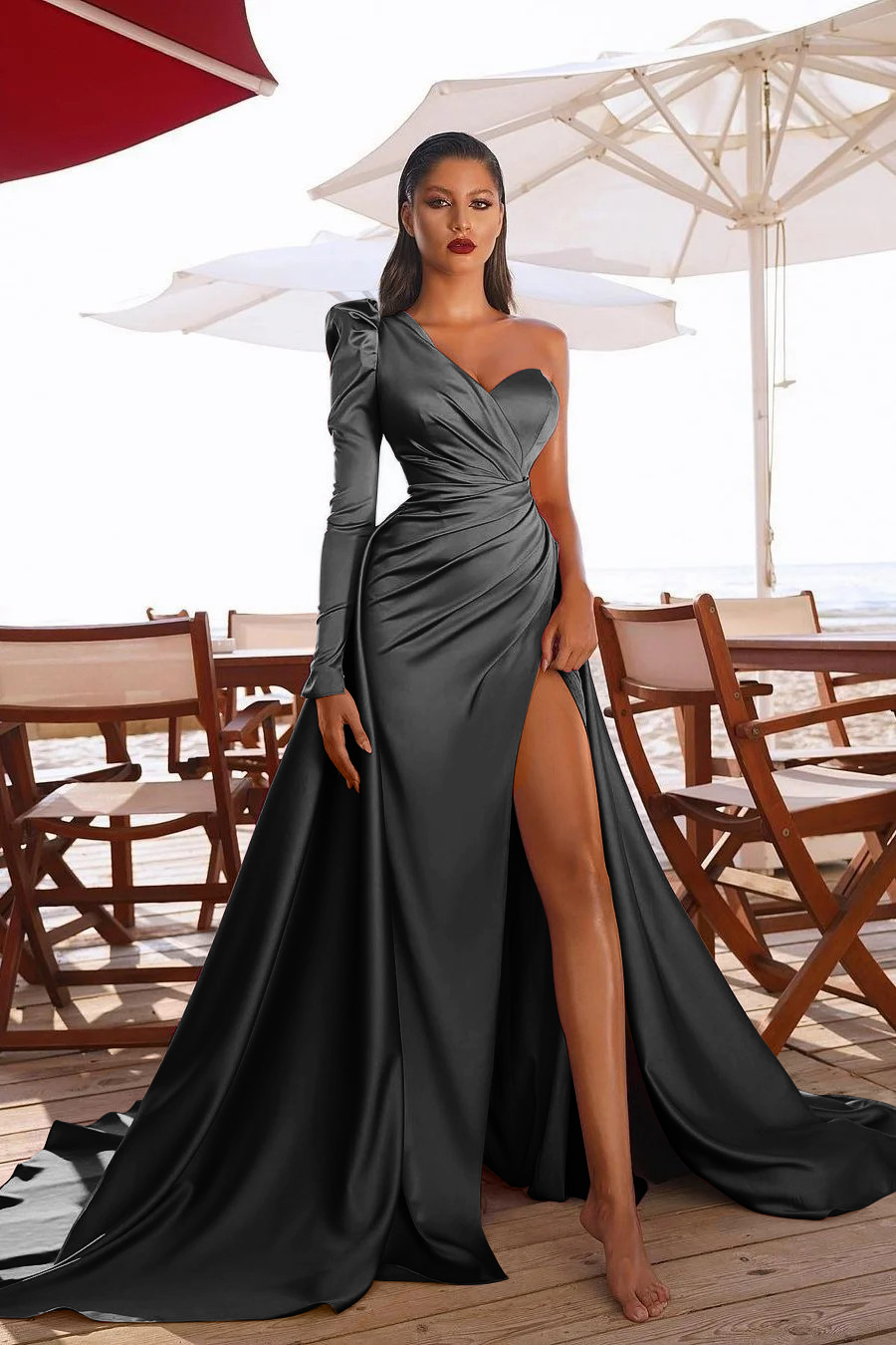 Sexy one shoulder satin prom gown side split party dress