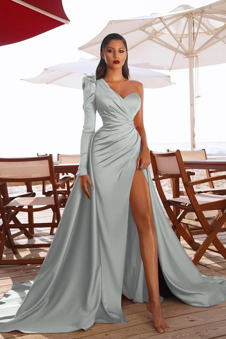 Sexy one shoulder satin prom gown side split party dress