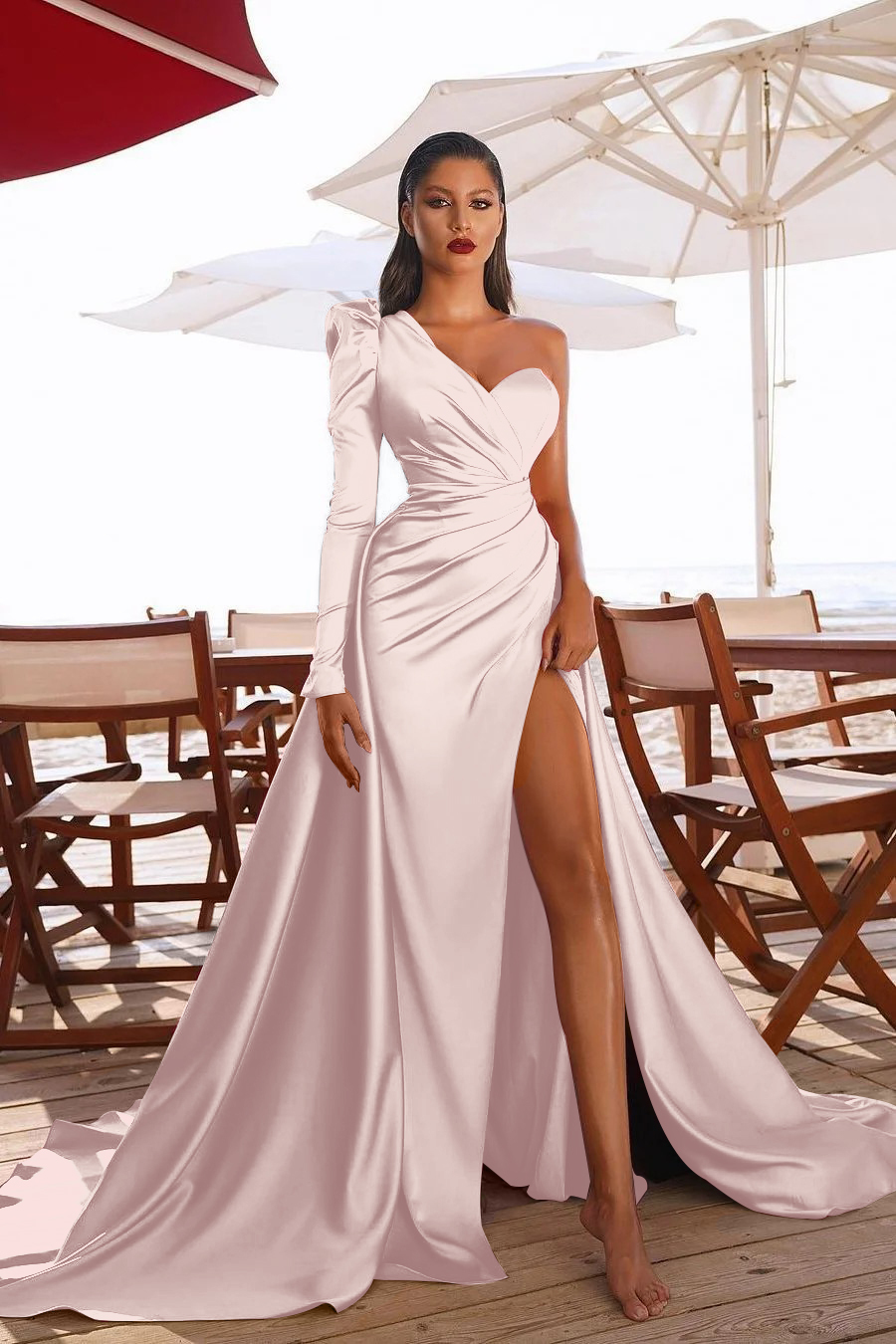 Sexy one shoulder satin prom gown side split party dress