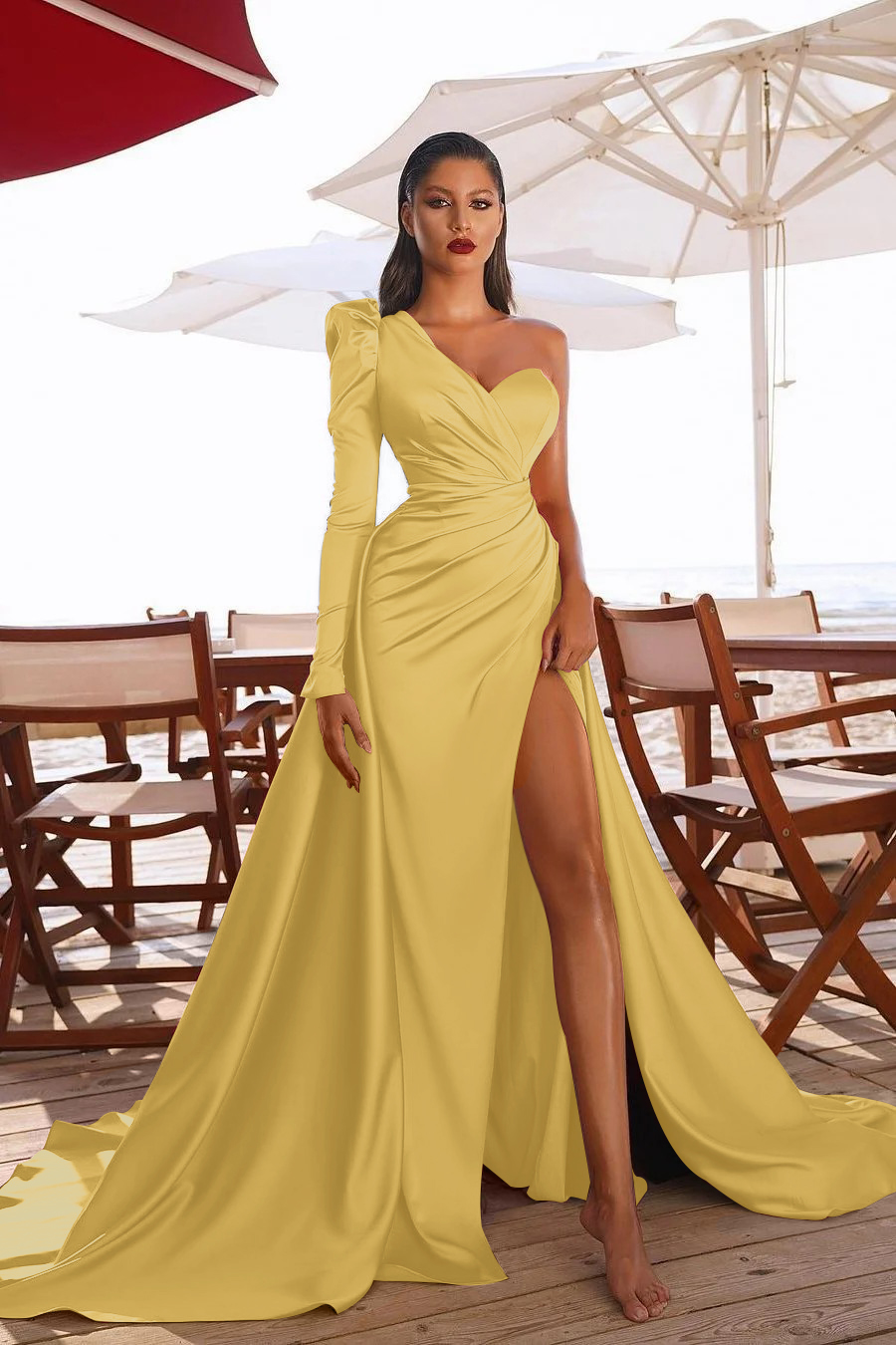 Sexy one shoulder satin prom gown side split party dress