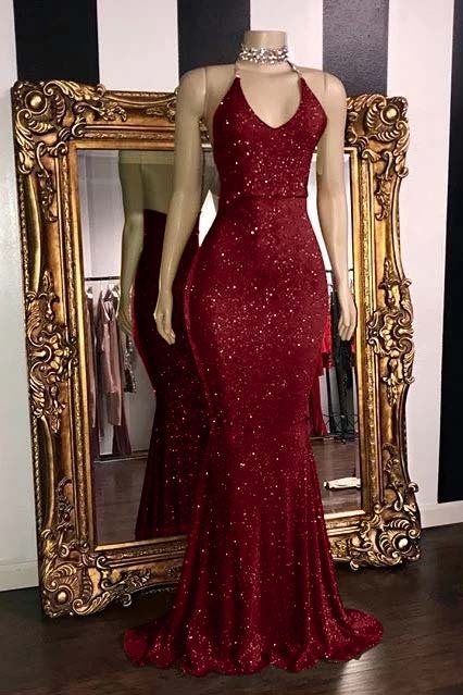 Sequins Sleeveless Mermaid Long Prom Dresses | Glitter New Arrival Halter Red Evening Gowns