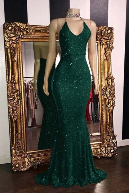 Sequins Sleeveless Mermaid Long Prom Dresses | Glitter New Arrival Halter Red Evening Gowns