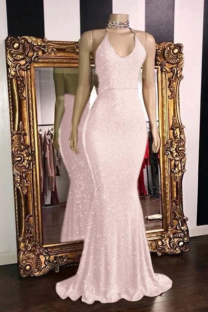 Sequins Sleeveless Mermaid Long Prom Dresses | Glitter New Arrival Halter Red Evening Gowns