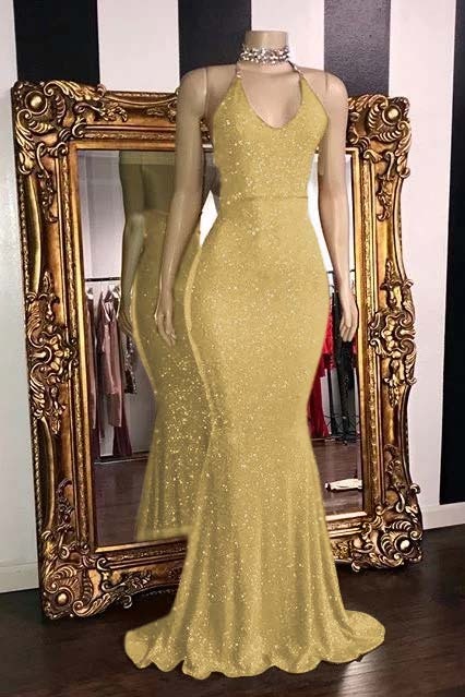 Sequins Sleeveless Mermaid Long Prom Dresses | Glitter New Arrival Halter Red Evening Gowns