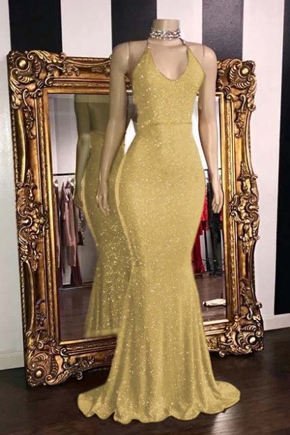 Sequins Sleeveless Mermaid Long Prom Dresses | Glitter New Arrival Halter Red Evening Gowns