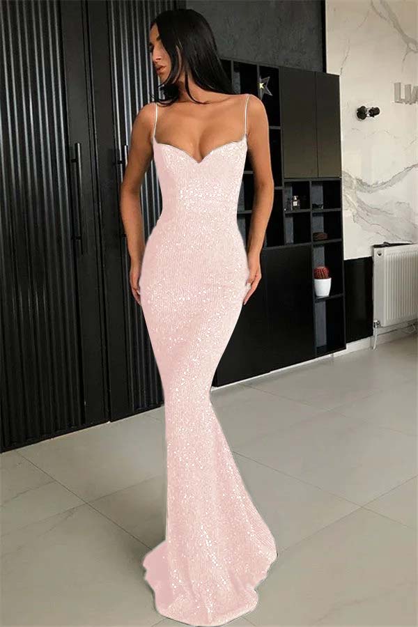 Sexy Simple Sheath Sequins Long Evening Dresses | Spaghetti Straps Evening Dresses 2025 BC0920